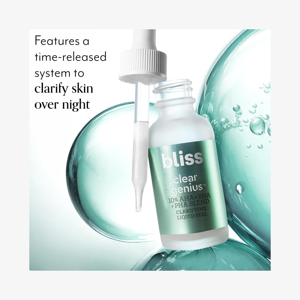 Bliss Clear Genius Peel textura líquida que purifica poros sin resecar.