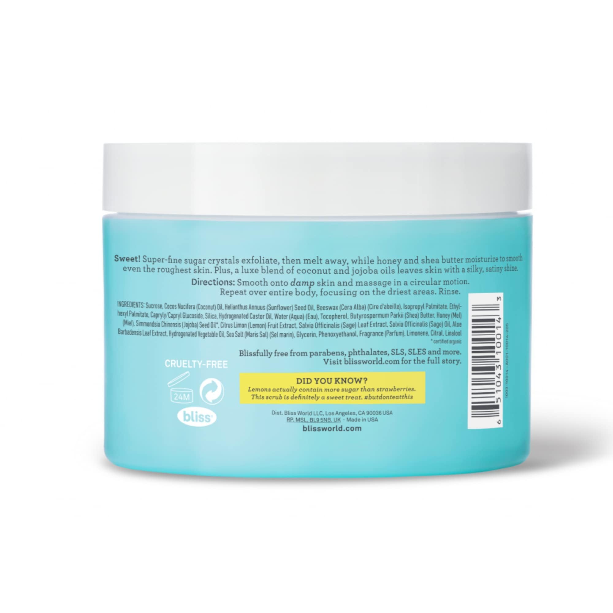 Bliss exfoliante cuerpo con granulos azucar finos, limpia y deja piel radiante.