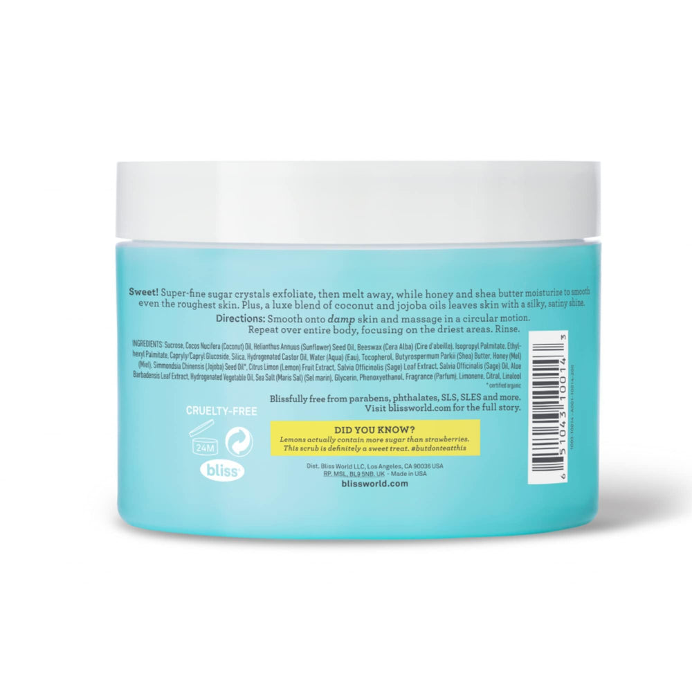 Bliss exfoliante cuerpo con granulos azucar finos, limpia y deja piel radiante.