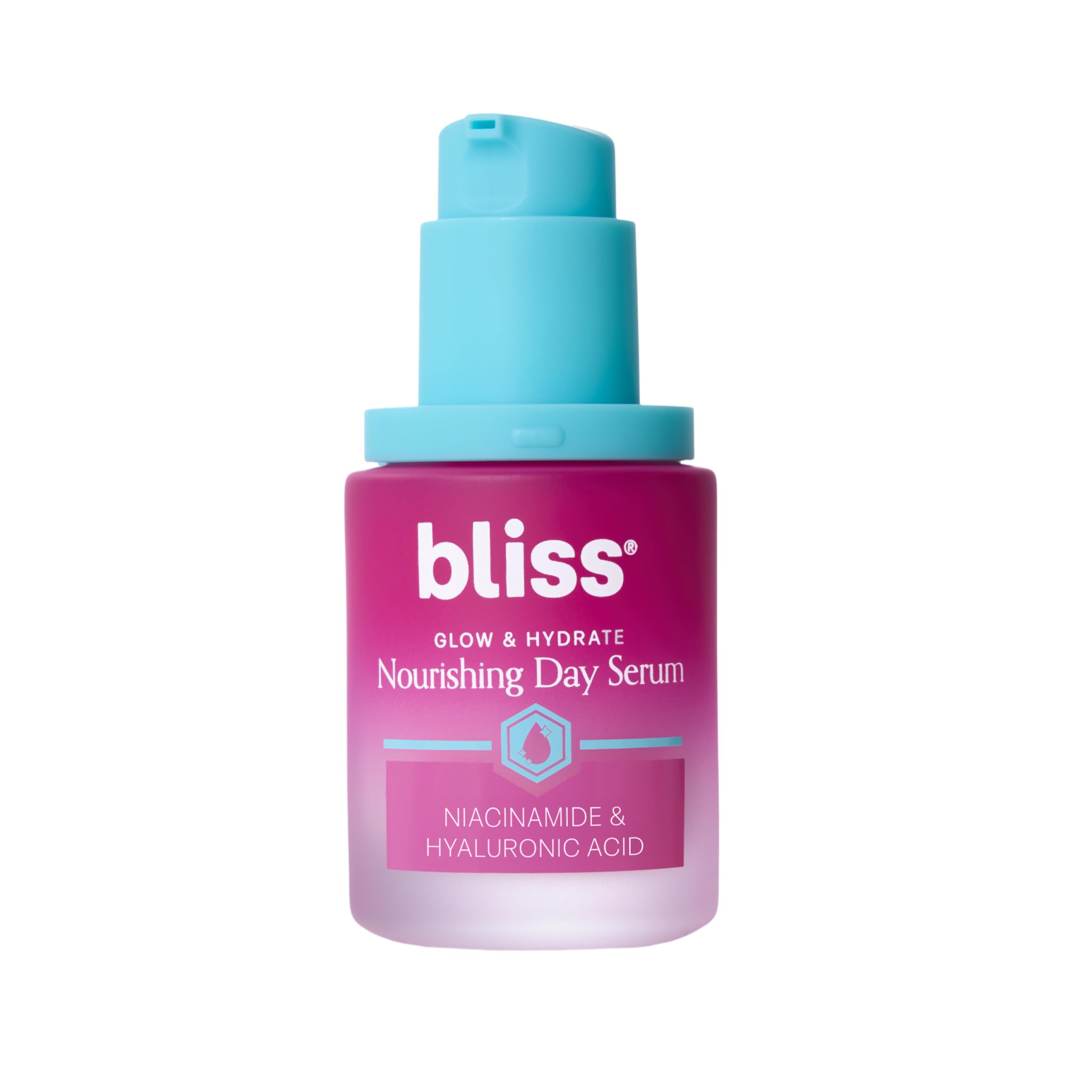 Bliss Glow & Hydrate Serum envase, textura ligera para hidratación diaria.