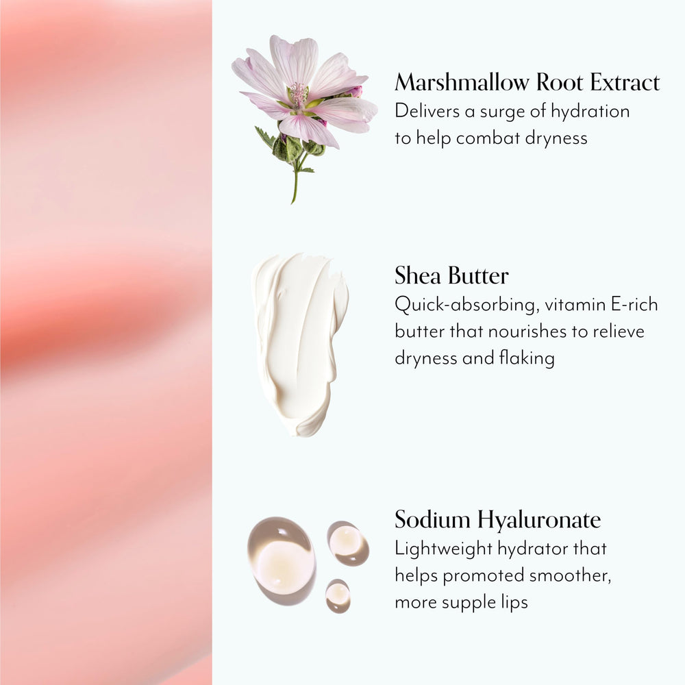 Bliss Mighty Marshmallow Labios: ingredientes clave hidratan y suavizan.