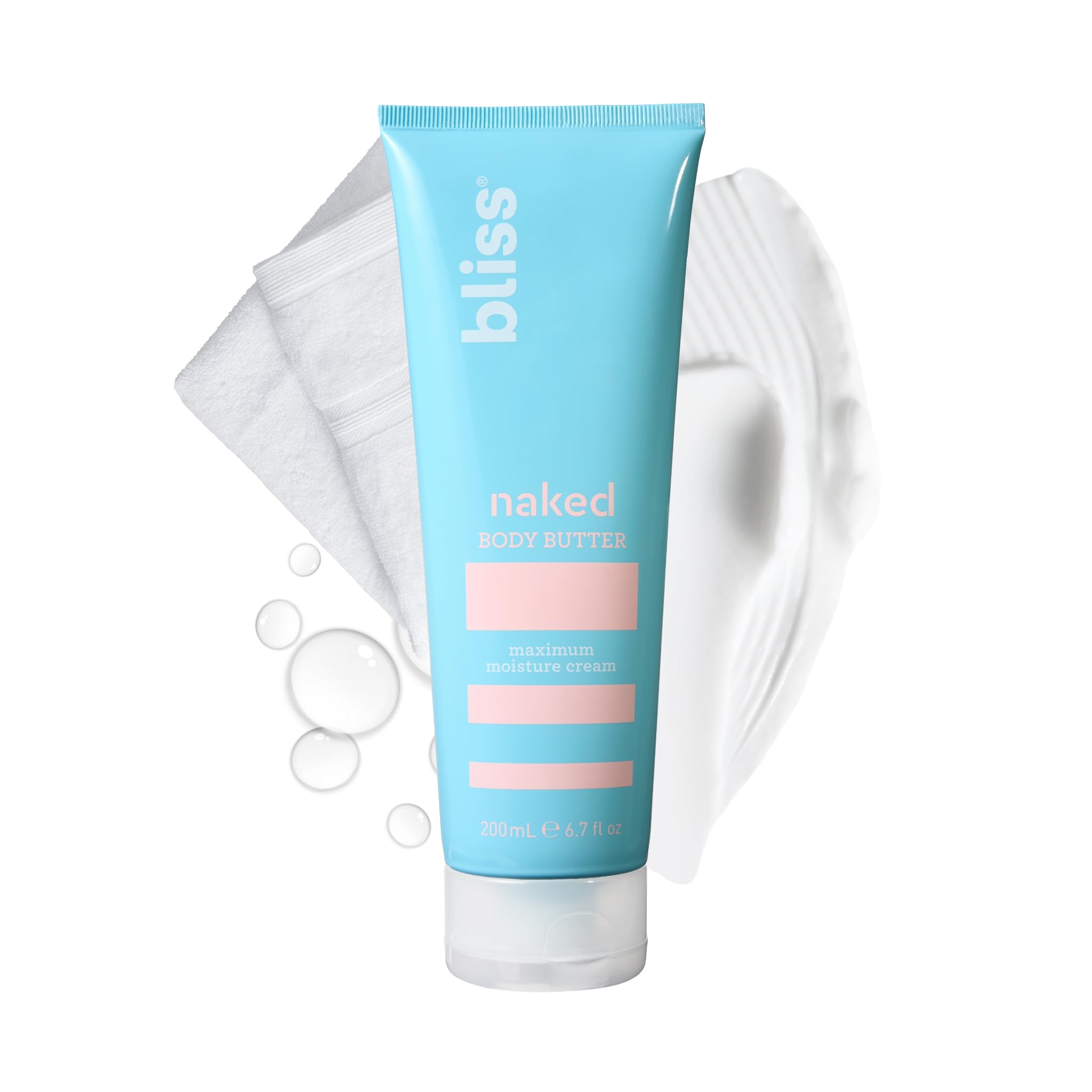 Bliss Naked Body Butter sin fragancia en bote, hidratación profunda para piel suave.