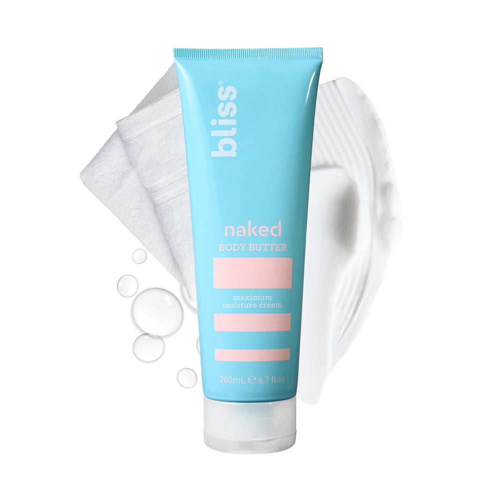Bliss Naked Body Butter sin fragancia en bote, hidratación profunda para piel suave.