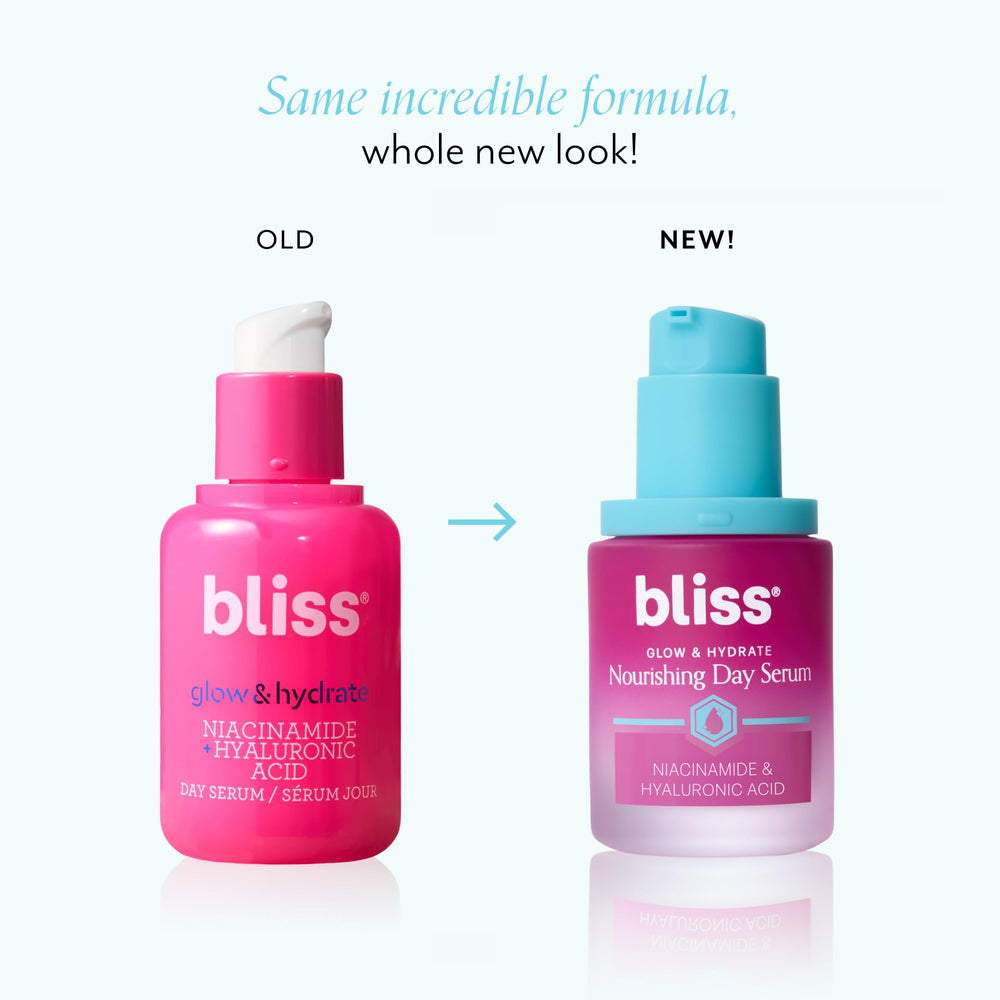 Bliss Glow & Hydrate Serum ingredientes destacan niacinamida y ácido hialurónico para luminosidad.