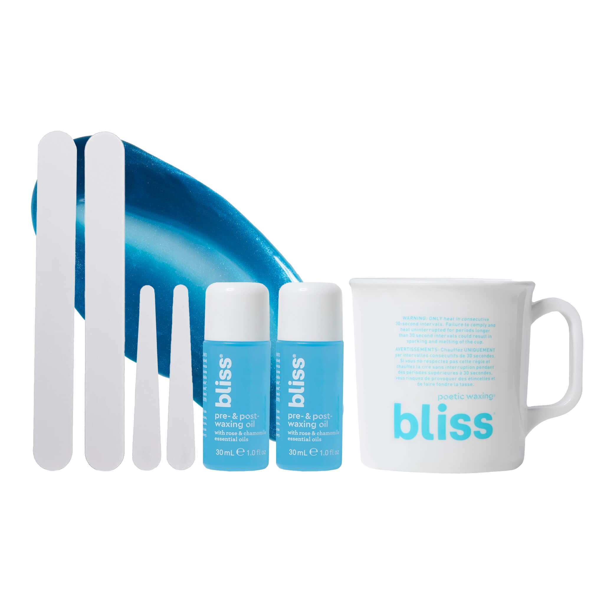 Bliss Poetic Waxing Kit: empaque frontal del set de 6 piezas para depilación.