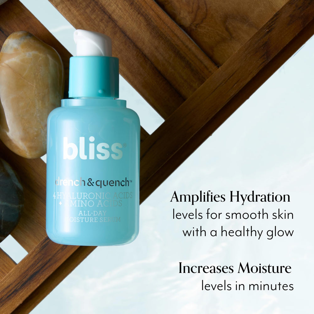 Bliss Sérum hialurónico drench quench textura gel ligera para absorción rápida.