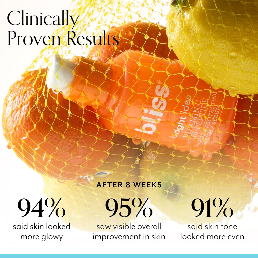Sérum Bliss Vitamine C Tri-Peptide avec flacon pour éclaircir et unifier le teint.