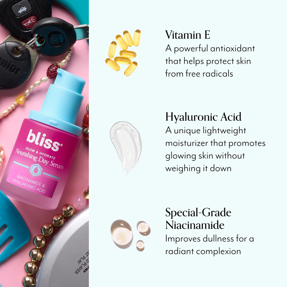 Bliss Glow & Hydrate Serum textura ligera se absorbe sin dejar residuo pegajoso.