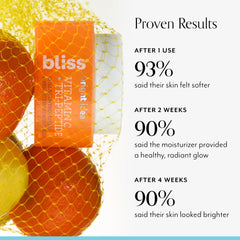 Close-up of Bliss Vitamin C moisturizer cream swirl highlights rich texture for smooth, glowing skin.