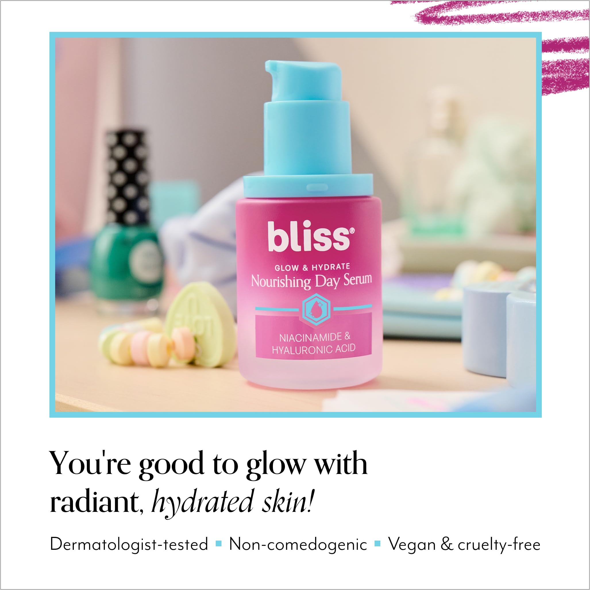 Bliss Glow & Hydrate Serum vitamina E ofrece defensa antioxidante ante estrés ambiental.
