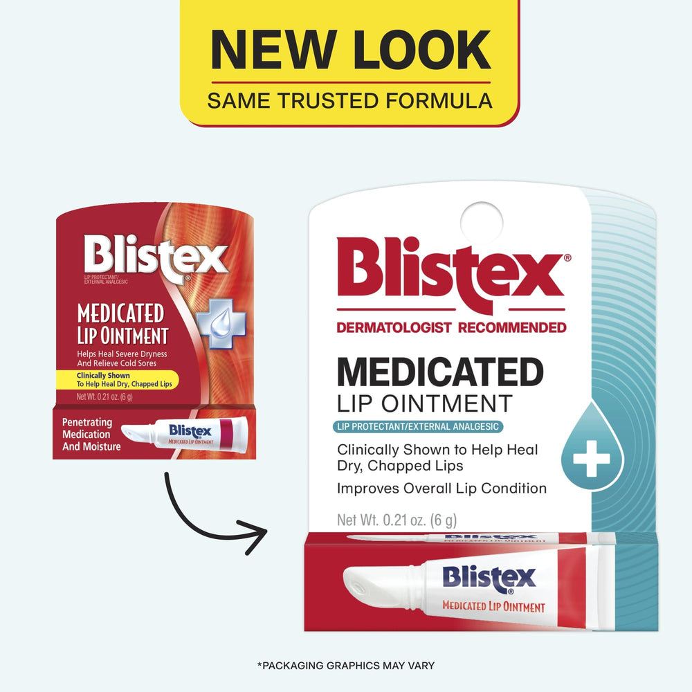 Aplicación suave de Blistex para labios secos, hidratación rápida.