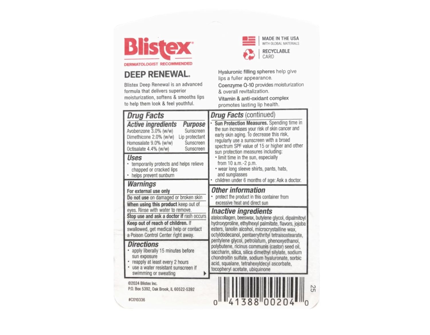 Blistex Renovación Profunda bálsamo labial en caja exterior para fácil almacenamiento.