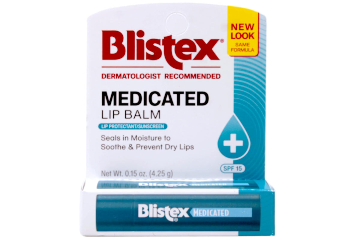 Bálsamo labial medicado Blistex con protección SPF 15 para labios.