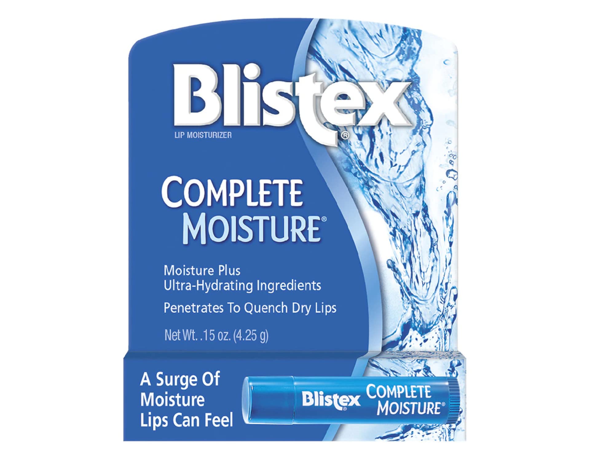 Blistex Complete Moisture, aplicación suave que desliza con facilidad para cuidado diario.