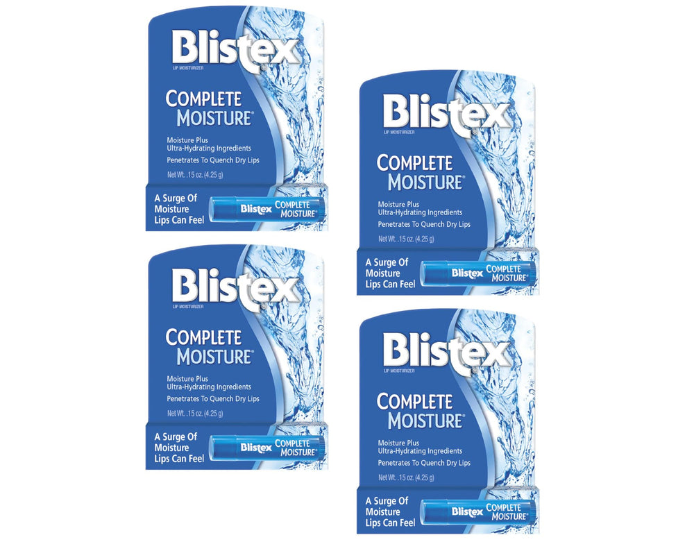 Blistex Complete Moisture bálsamo labial paquete 4, ideal para hidratación diaria.