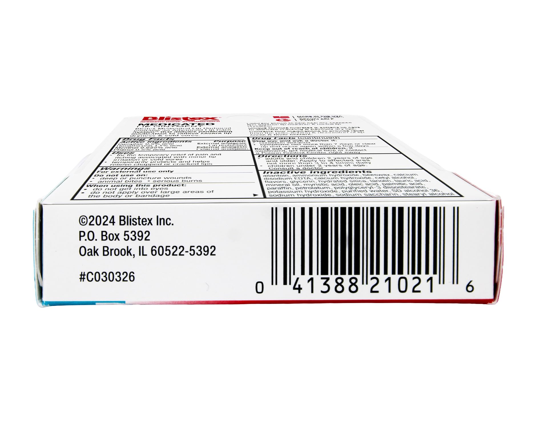 Side view of Blistex Lip Ointment packaging highlighting benefits.