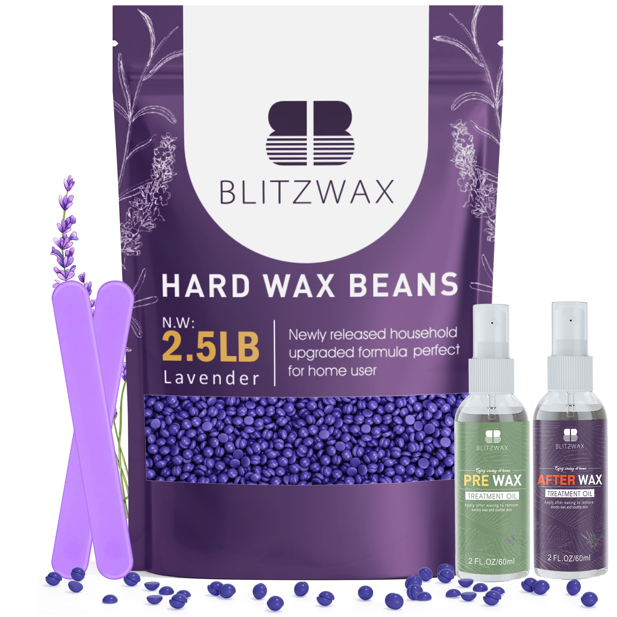 BLITZWAX granos de cera lavanda en envase, depilación suave en casa.