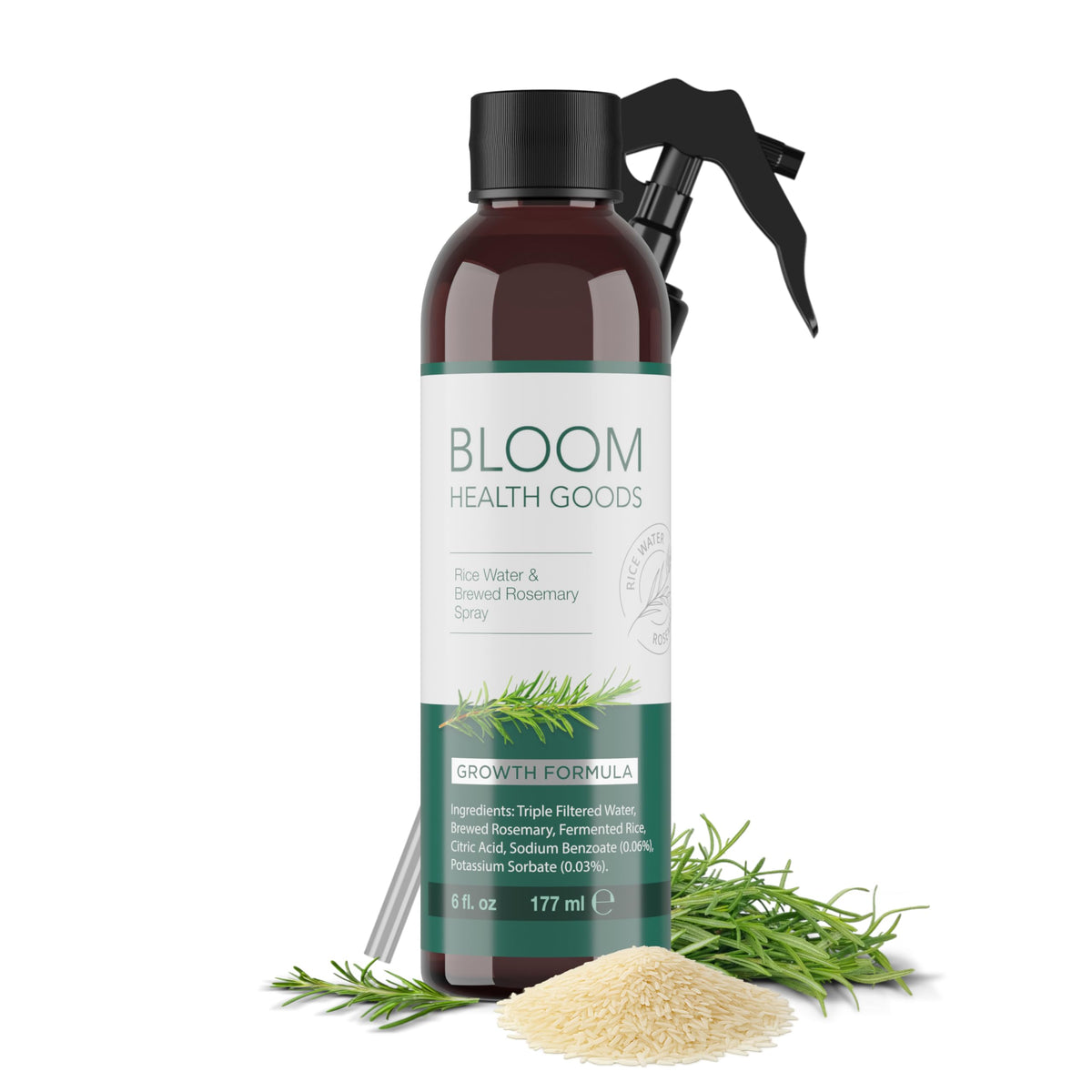 Spray Bloom Health Goods, botella de romero y arroz fermentado para cabello sano