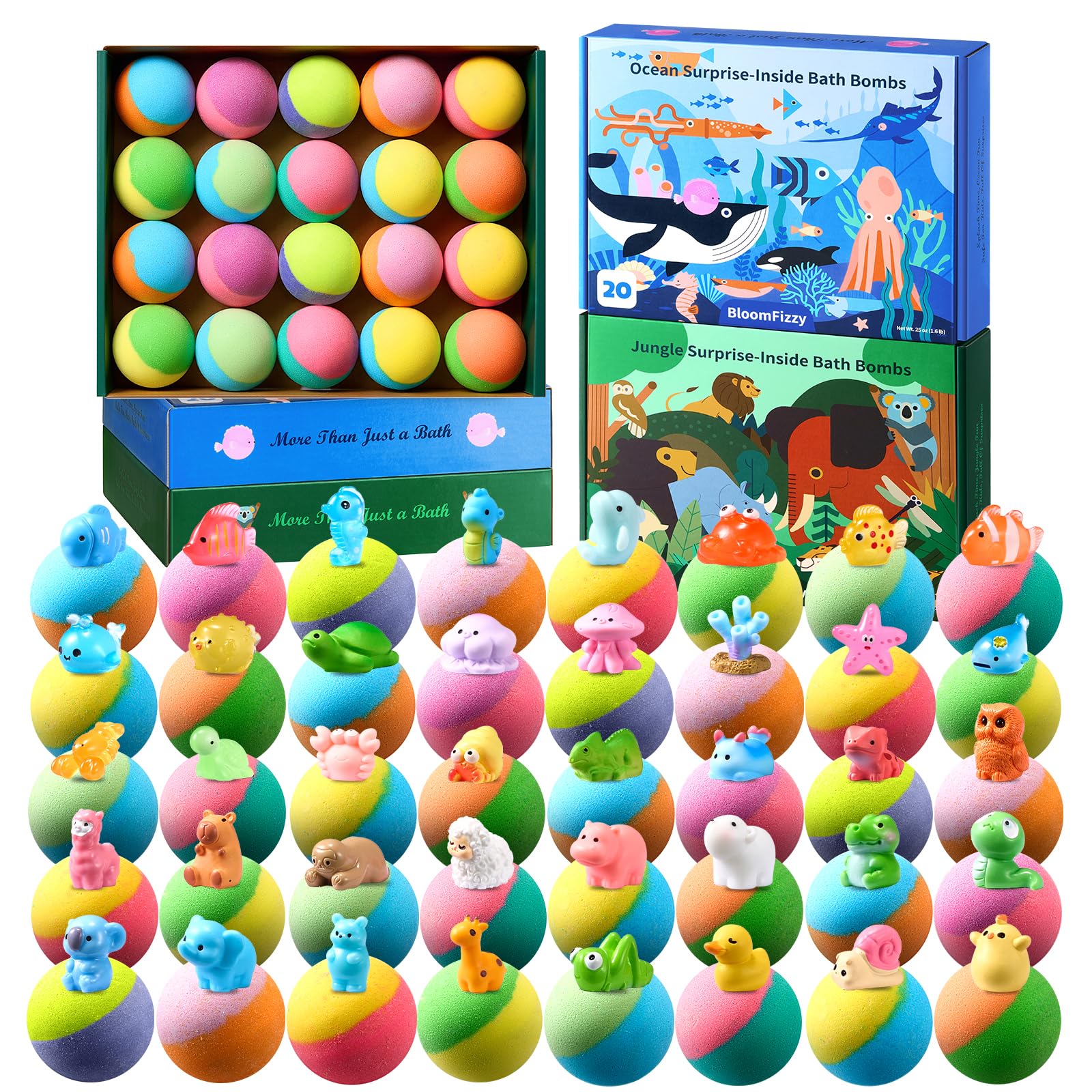 BloomFizzy bombas de baño en disolución con colores vibrantes para juego sensorial seguro.