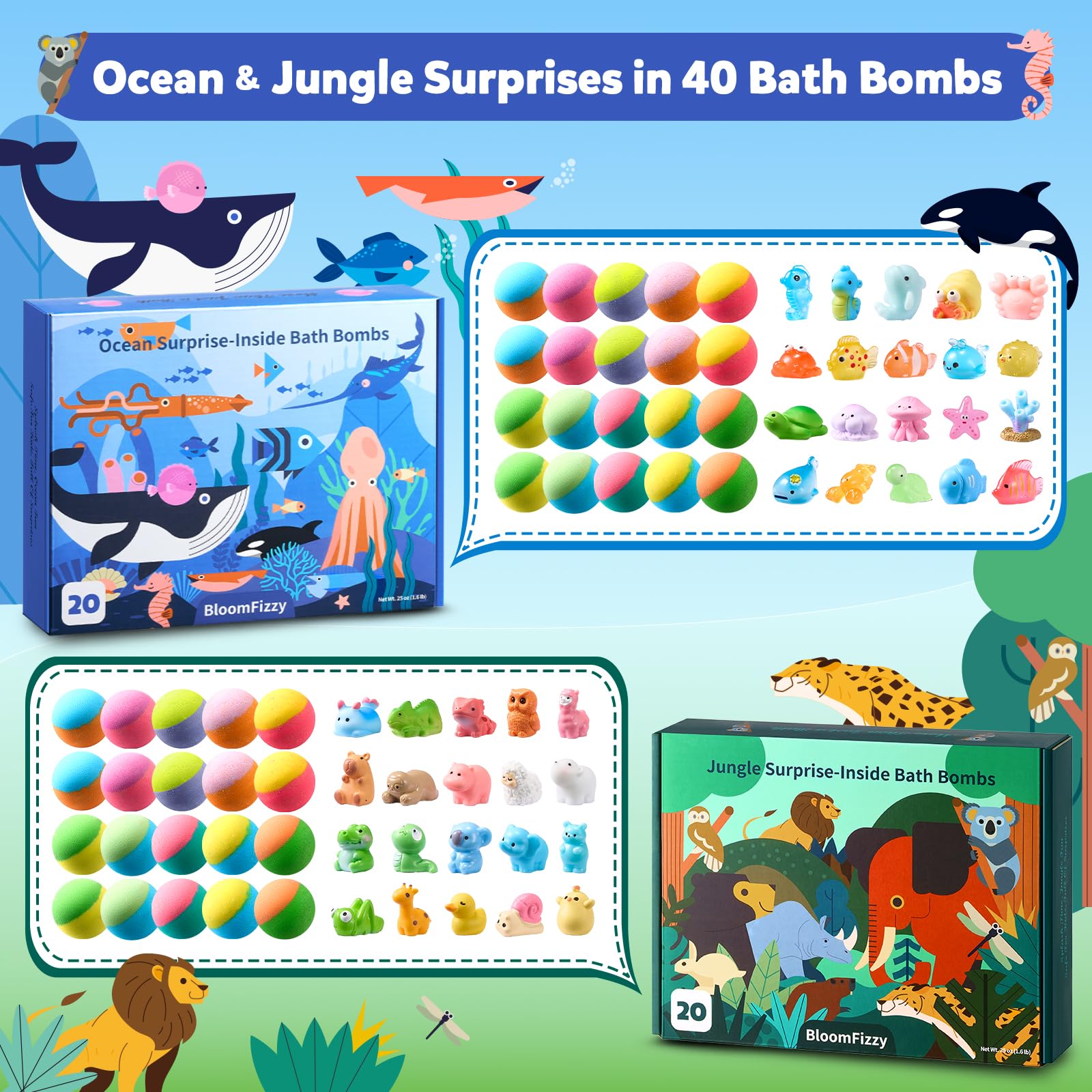 BloomFizzy presenta cajas tematicas oceanos y jungla para exploracion divertida en la hora del baño.