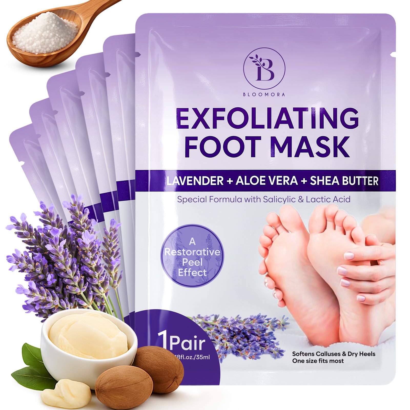 BLOOMORA mascarilla exfoliante para pies: exfolia suavemente y revela piel más suave.