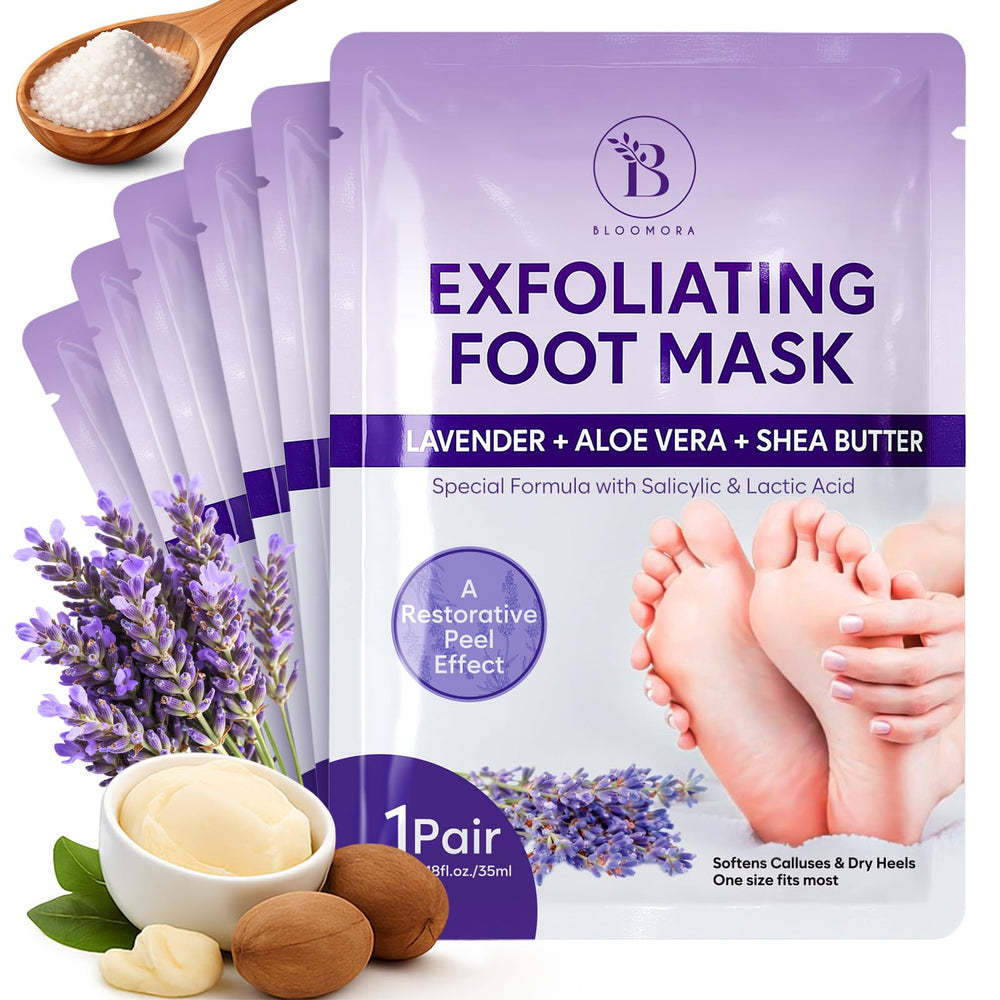 BLOOMORA mascarilla exfoliante para pies: exfolia suavemente y revela piel más suave.