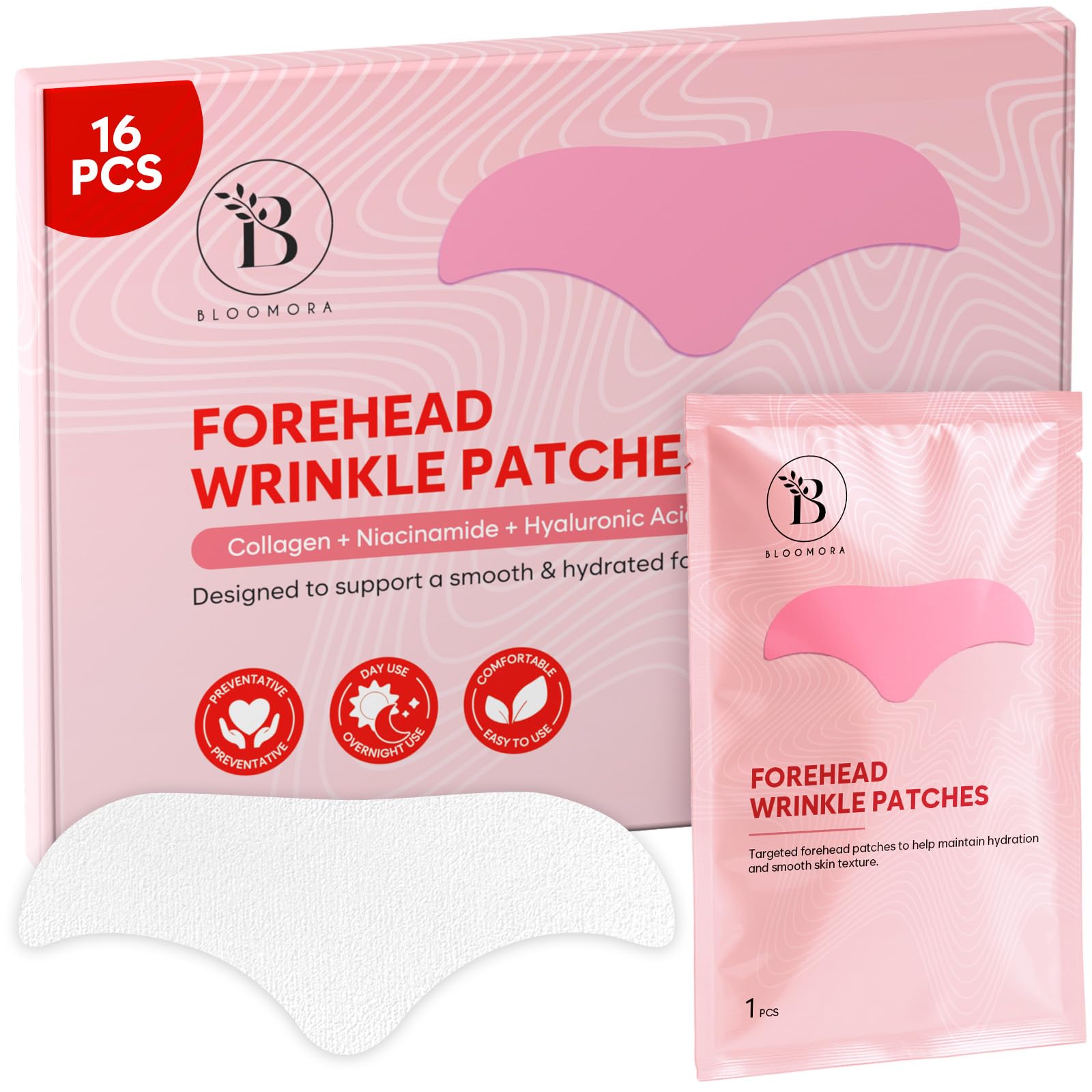 Parche frontal Bloomora para uso nocturno, hidratación profunda.
