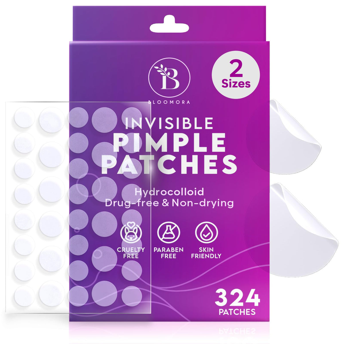 BLOOMORA parches invisibles para acné, cobertura discreta y protección localizada.