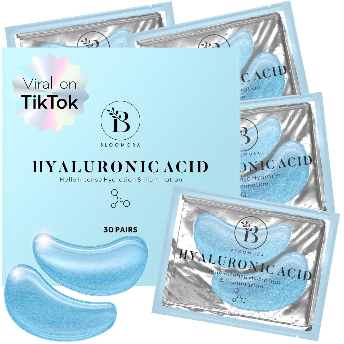 Parches BLOOMORA con ácido hialurónico para hydratar la zona de ojos, presentación de 30 pares.