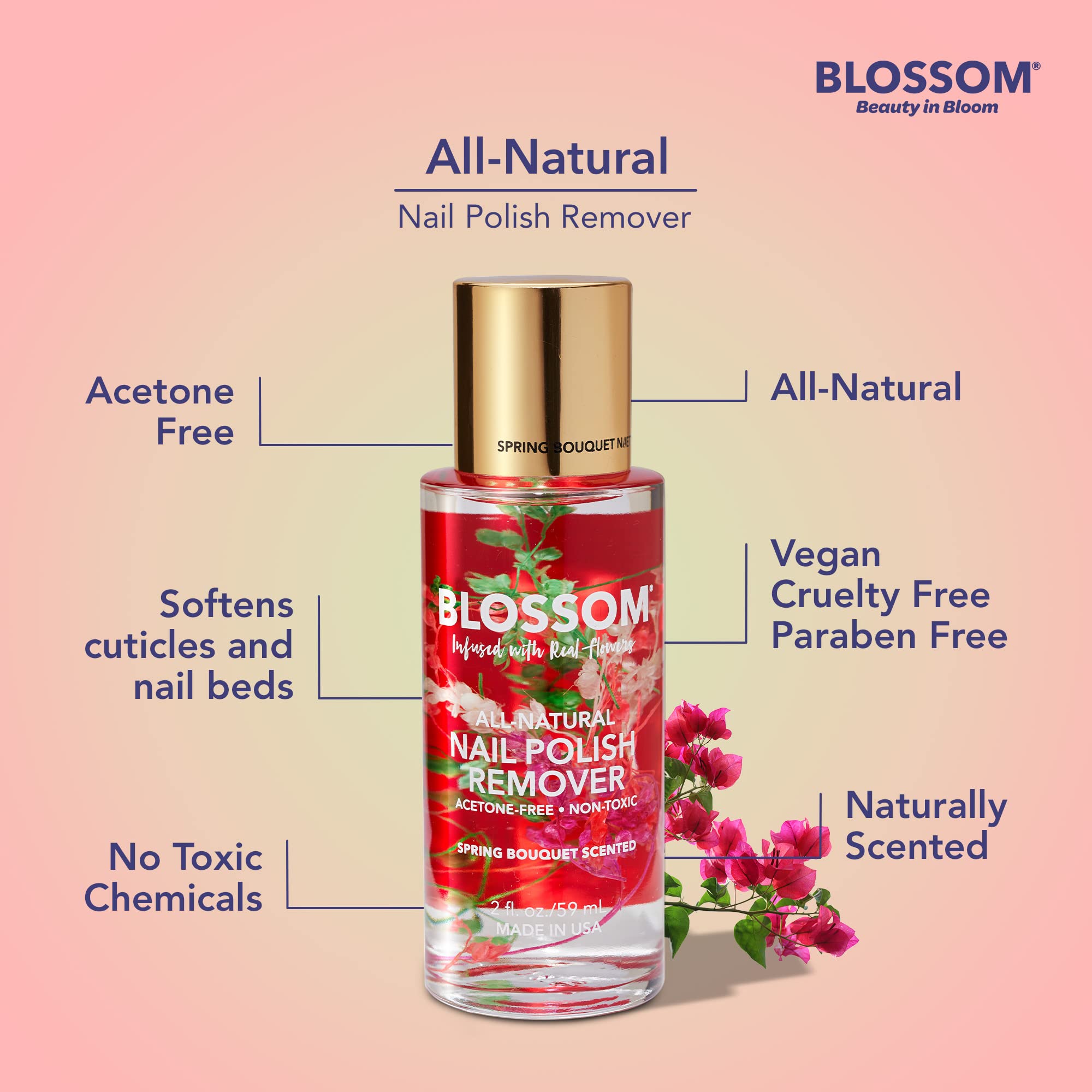 Aplicación Blossom Remove, brocha suave, uñas listas para un nuevo color.
