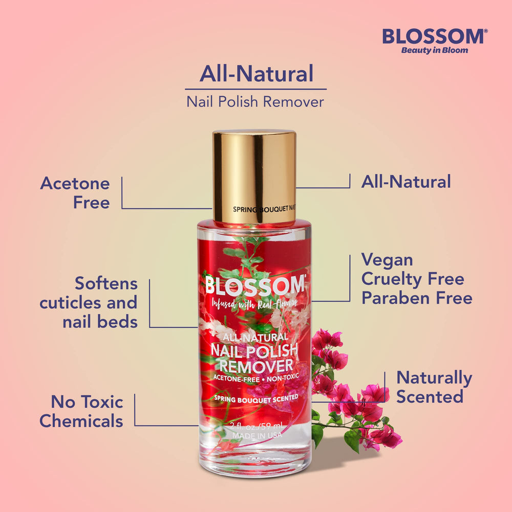 Aplicación Blossom Remove, brocha suave, uñas listas para un nuevo color.
