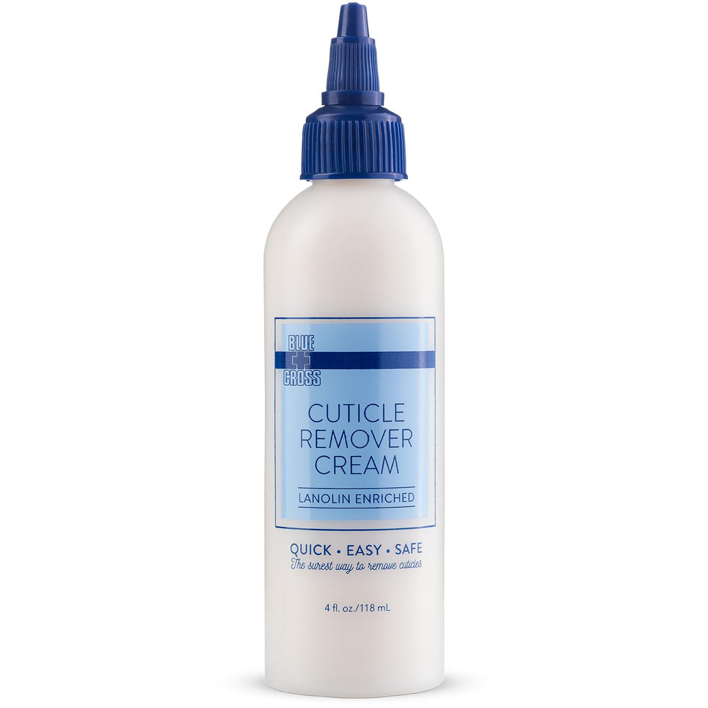 Blue Cross crema removedora de cutículas con aplicación precisa para base limpia.