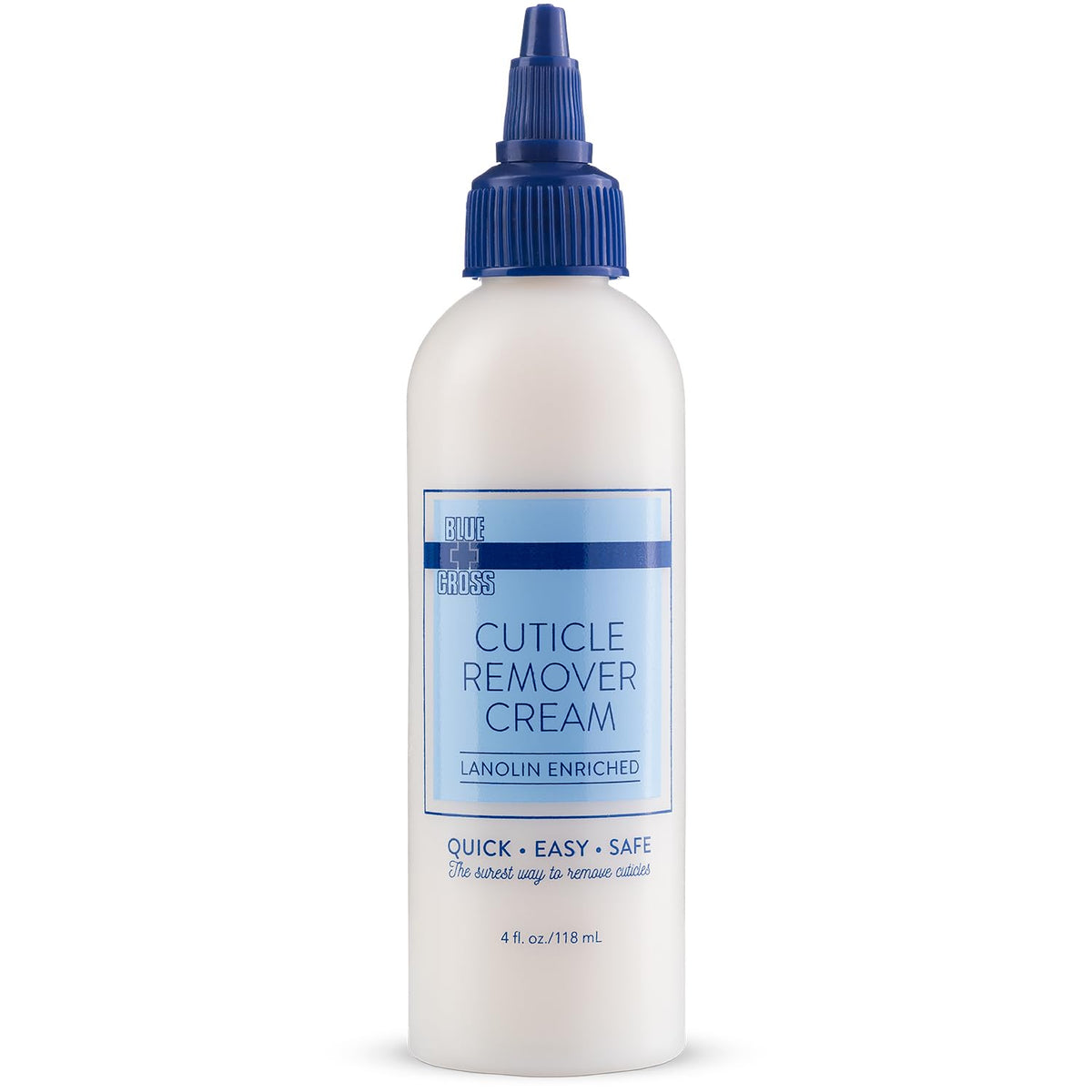 Blue Cross crema removedora de cutículas con aplicación precisa para base limpia.