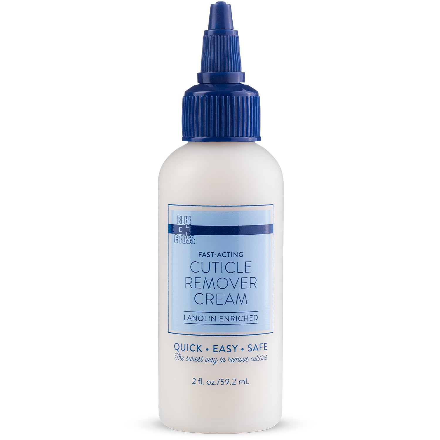 Blue Cross crema remover cutículas en botella, aplicación precisa y profesional.