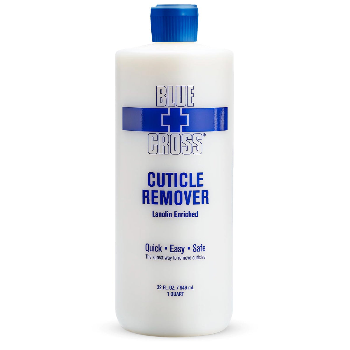 Blue Cross removedor líquido de cutículas en botella de 32 oz para uso profesional.