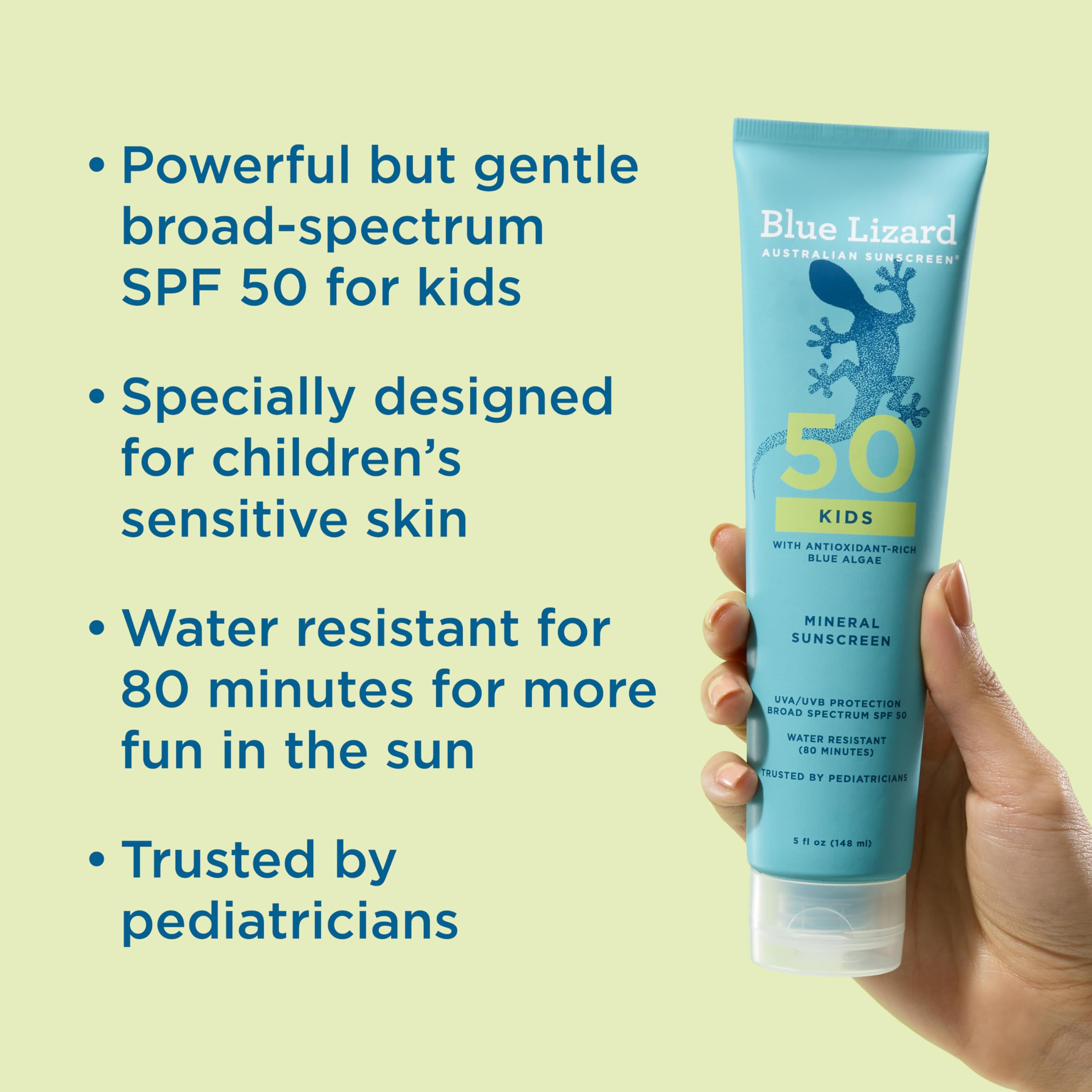 Blue Lizard Kids Mineral SPF 50, aplicación suave en piel seca de niños