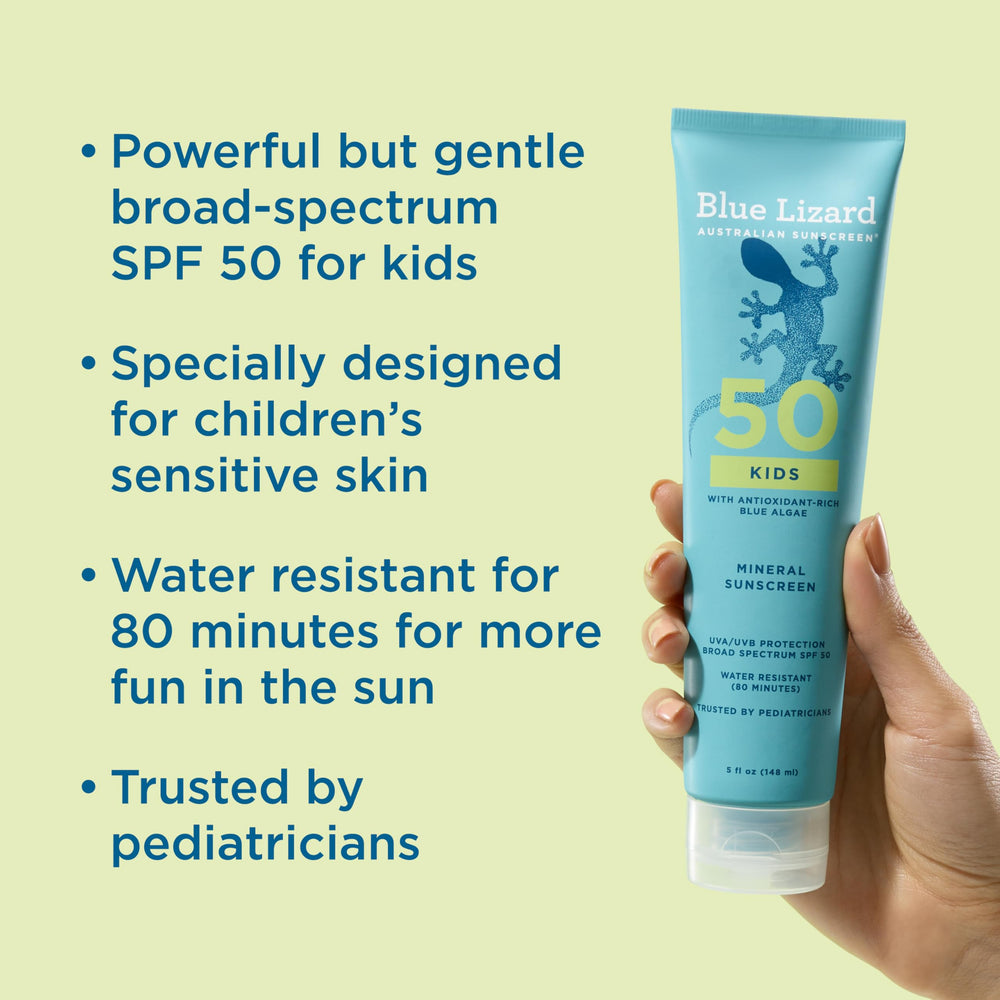Blue Lizard Kids Mineral SPF 50, aplicación suave en piel seca de niños