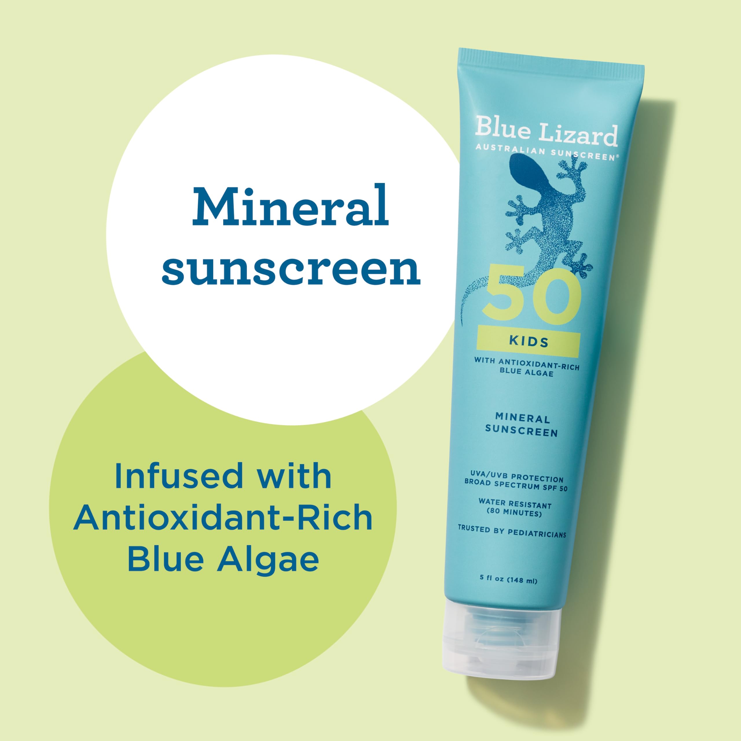 Blue Lizard Kids Mineral SPF 50 contiene zinc y titanio para protección mineral