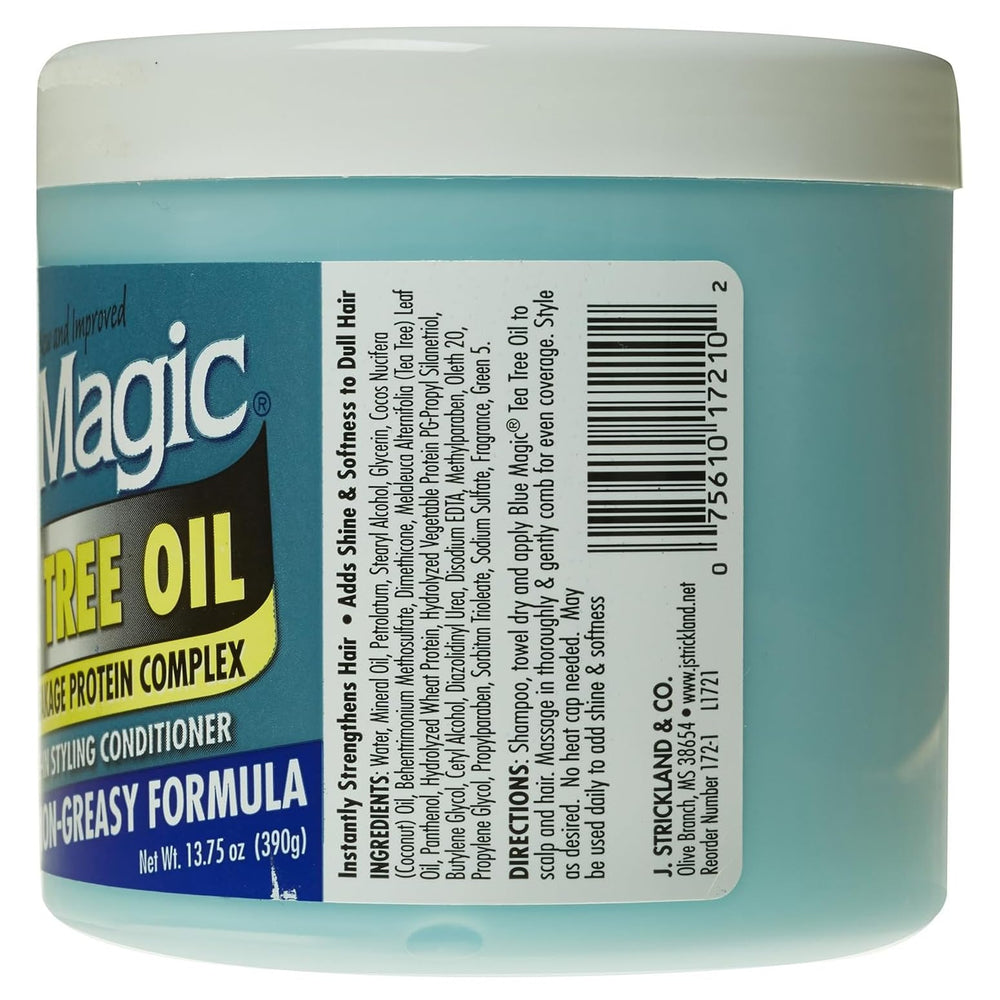 Blue Magic acondicionador con árbol de té, textura sedosa, combate enredos sin grasa.