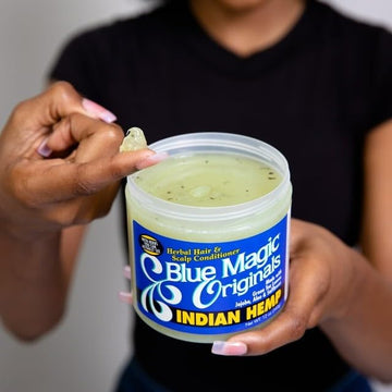 Blue Magic aplicación sobre cabello para suavidad y brillo.