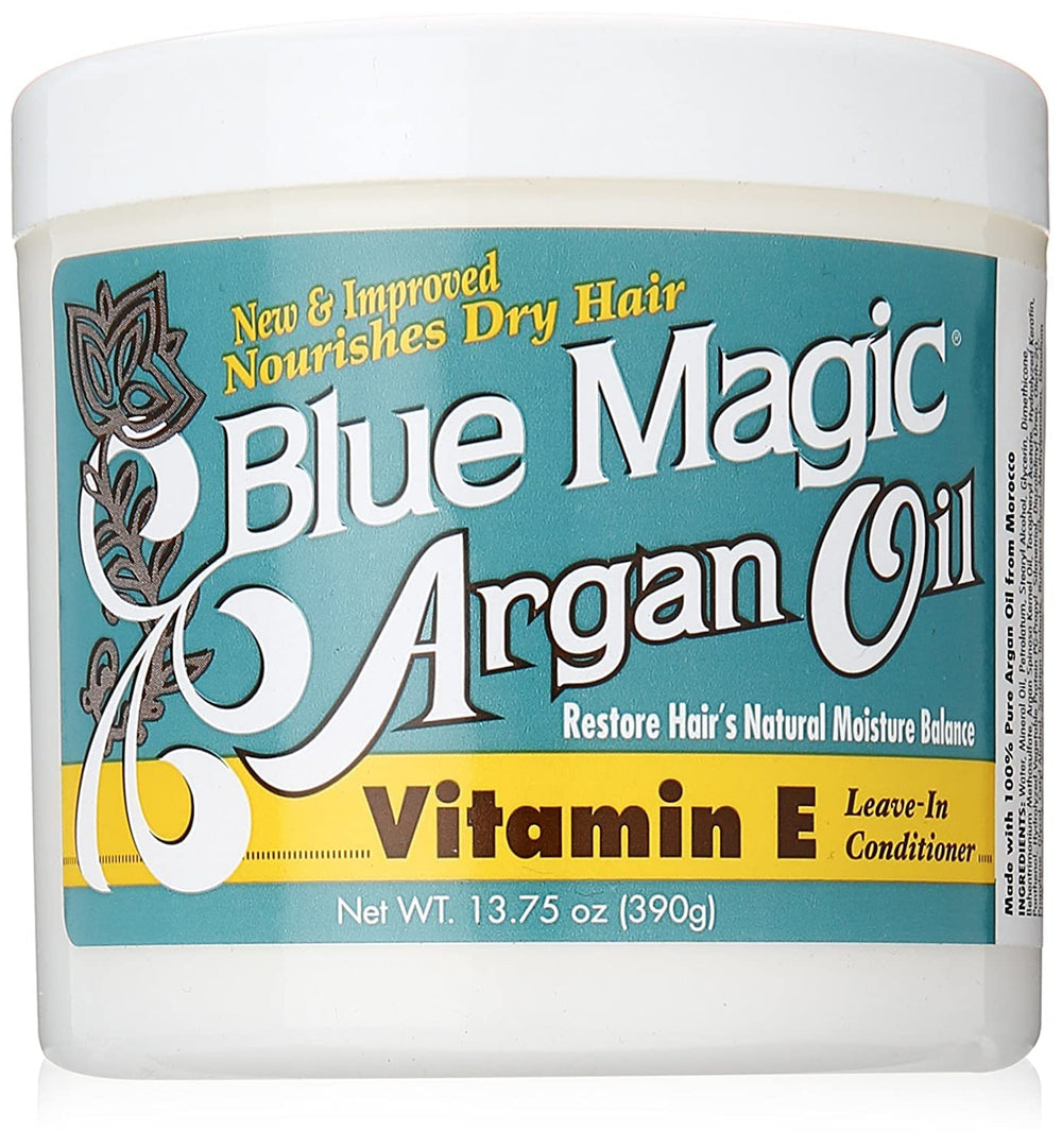 Blue Magic botella con aceite de argán y vitamina E, para brillo suave.