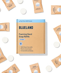 BLUELAND foaming hand soap refill tablet dissolving in water to create foam