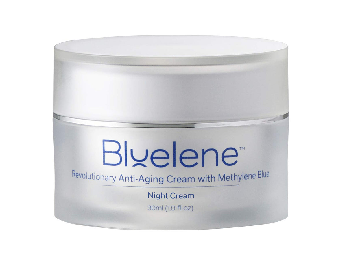 Crema de Noche Bluelene en frasco, hidratación suave para piel sensible.