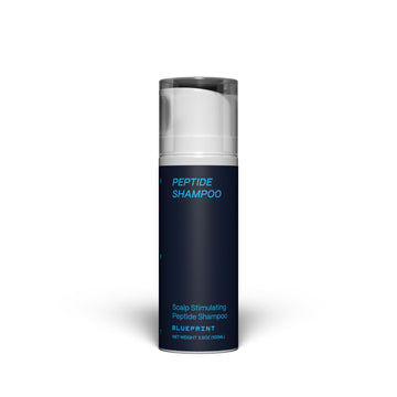 Shampoo Blueprint Bryan Johnson, botella visible para lavado diario y cabello limpio.
