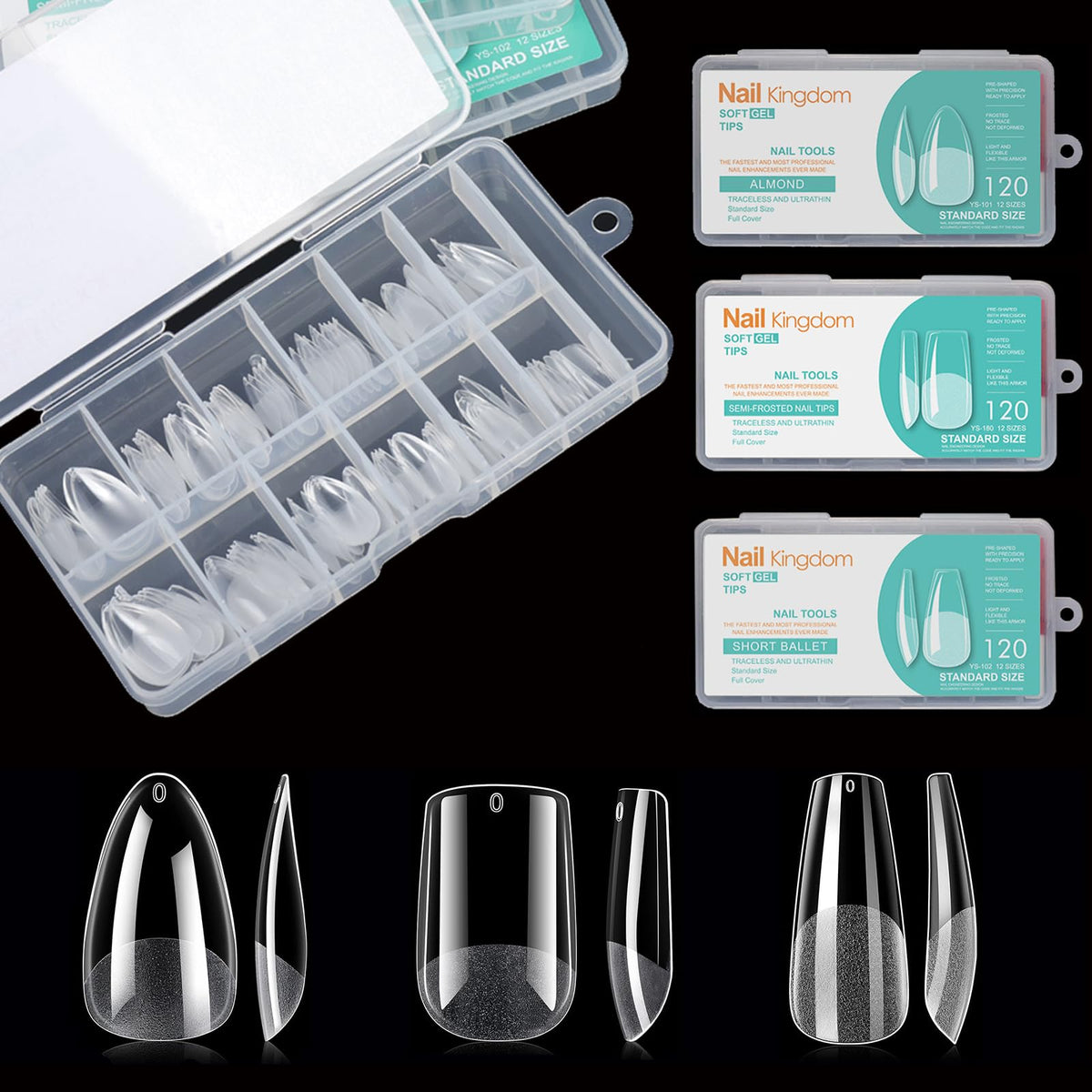 BlueZOO conjunto de puntas gel suave con tres estilos para uso casero.