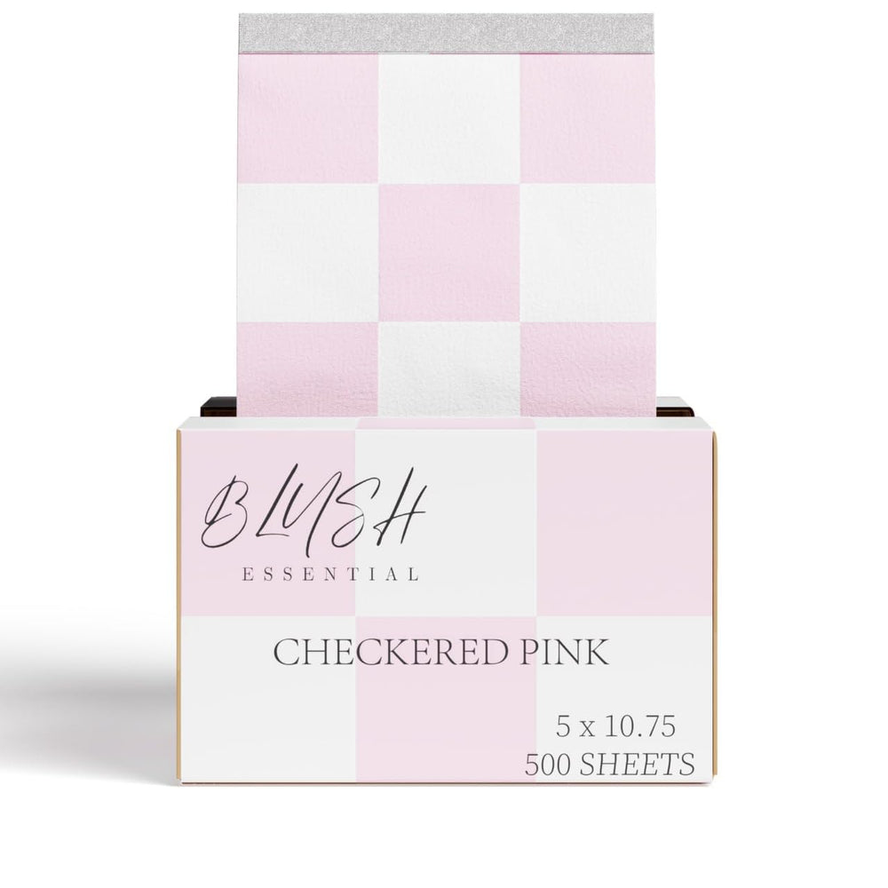 Blush Essentials hojas aluminio rosas con cuadros para mechas, colocación precisa y flujo de trabajo eficiente.