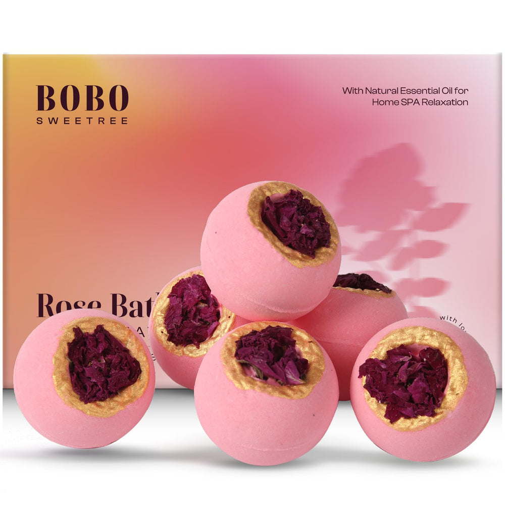 Bombes de bain BoboSweeTree roses avec fleurs réelles prêtes à offrir pour un moment spa.