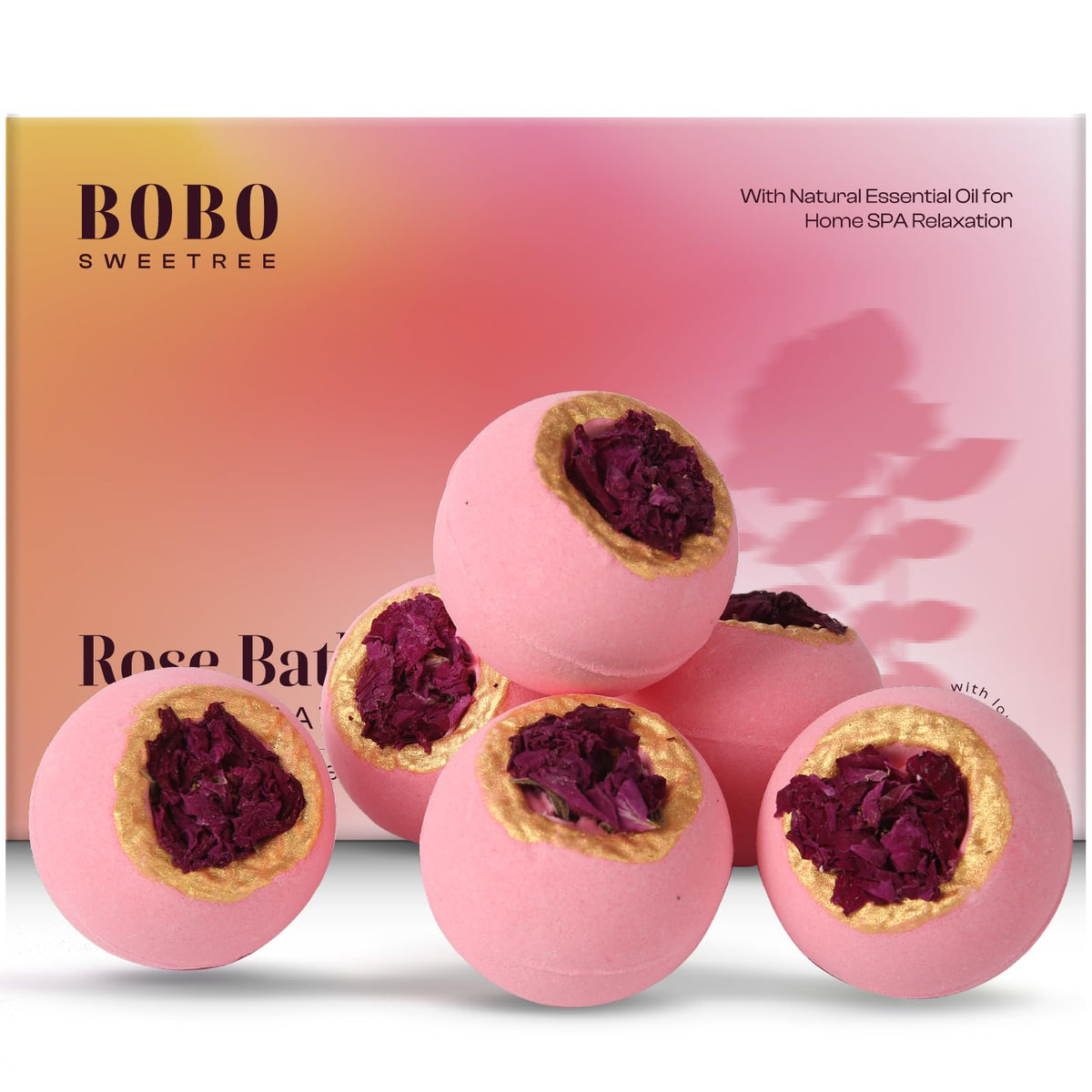 Bombes de bain BoboSweeTree roses avec fleurs réelles prêtes à offrir pour un moment spa.