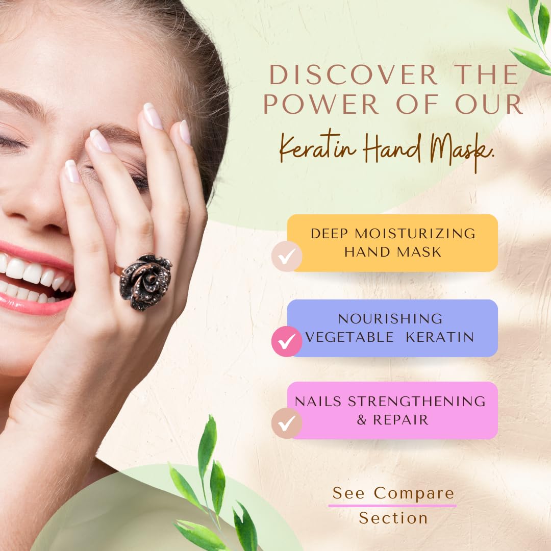Bodipure Guantes Keratina aplicándose, piel suave y uñas fortalecidas.