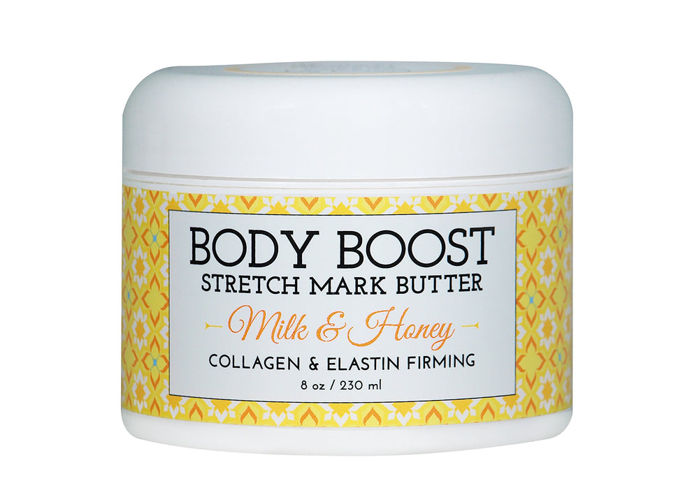 Body Boost Mantequilla Leche y Miel, textura cremosa para cuidado suave de la piel.